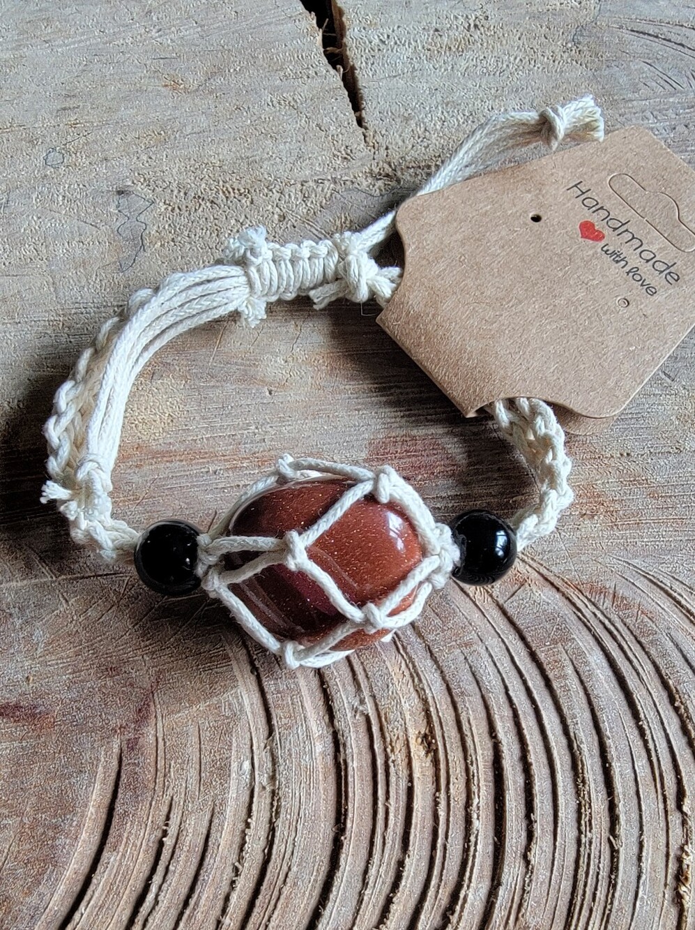 Handmade Macramé Bracelet with Sunstone and Black Beads